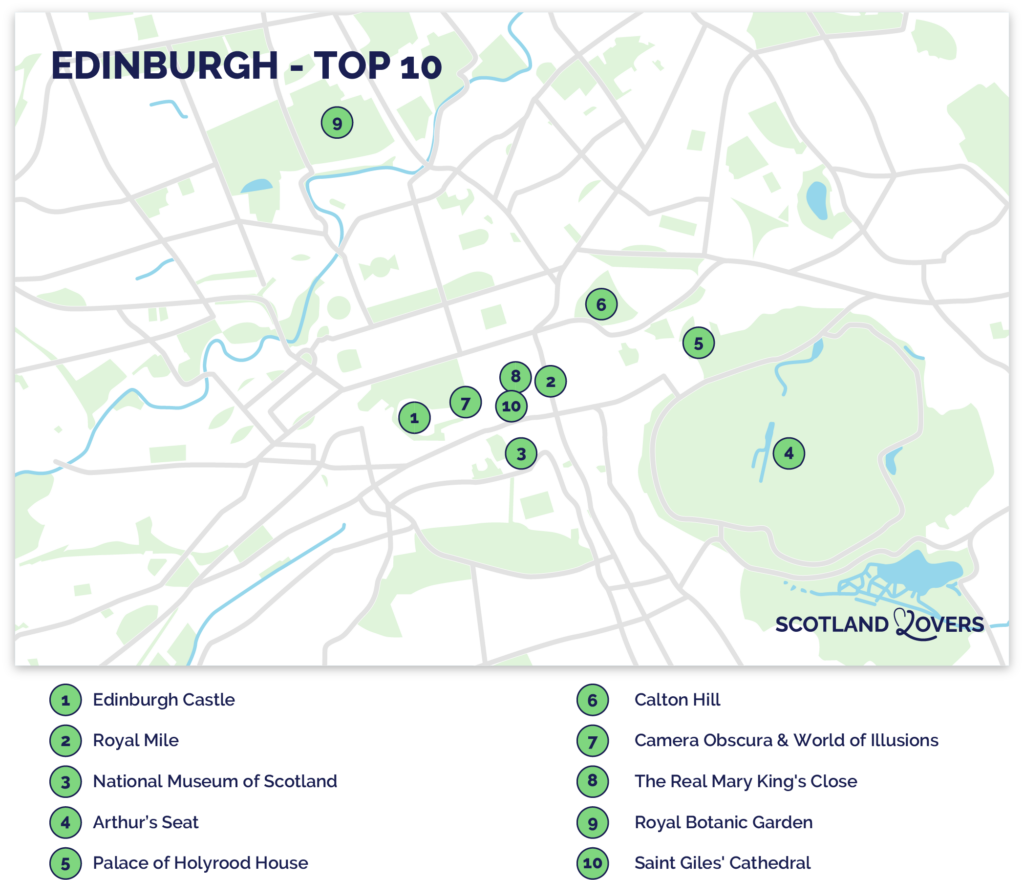 Kaart met de topattracties van Edinburgh